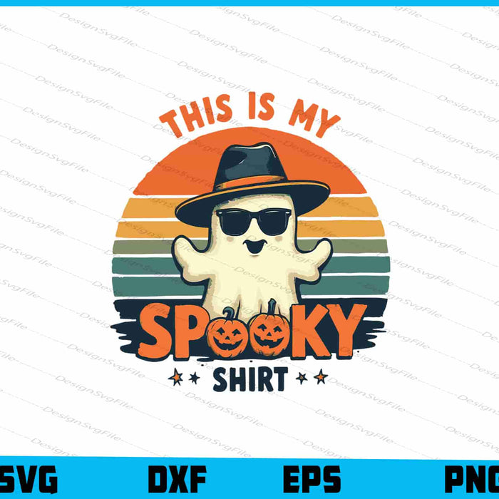 Ghost wearing a hat and sunglasses with text 'This is my spooky shirt' on a colorful background