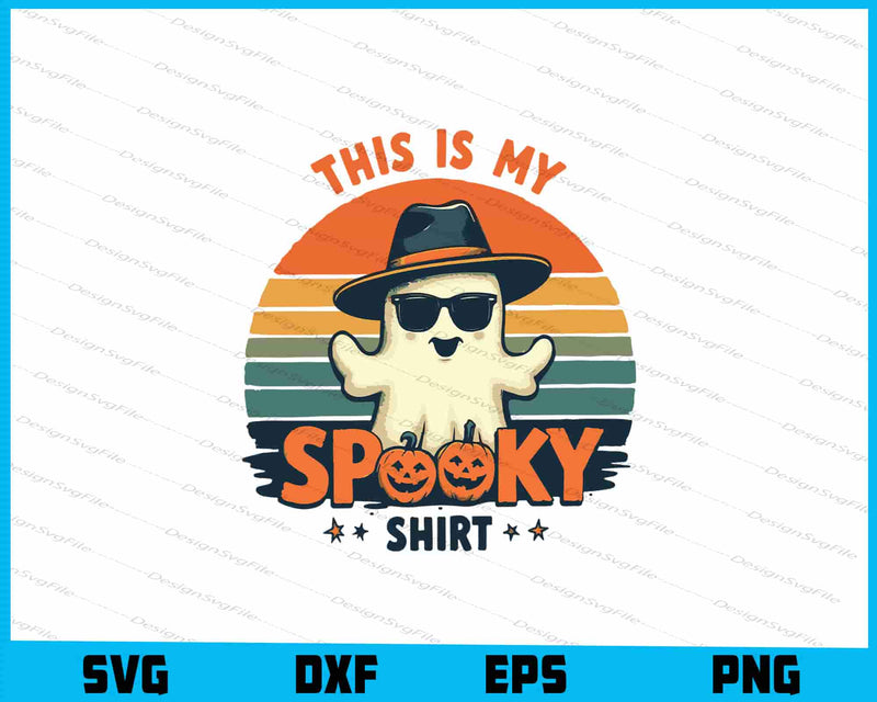 Ghost wearing a hat and sunglasses with text 'This is my spooky shirt' on a colorful background