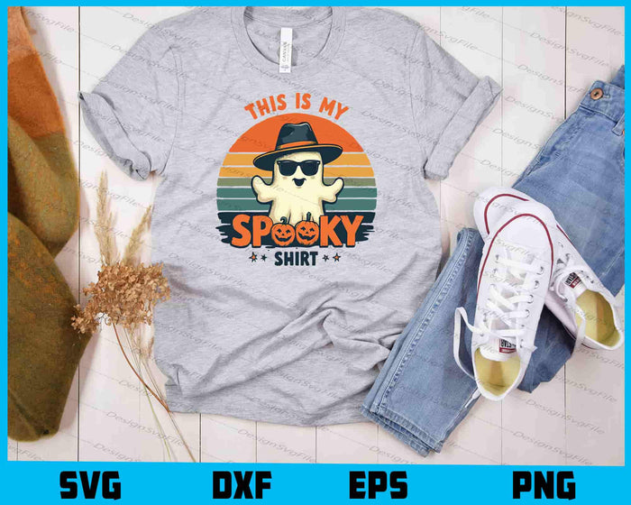 Ghost wearing a hat and sunglasses with text 'This is my spooky shirt' on a colorful background