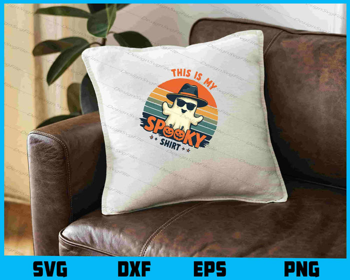 Ghost wearing a hat and sunglasses with text 'This is my spooky shirt' on a colorful background