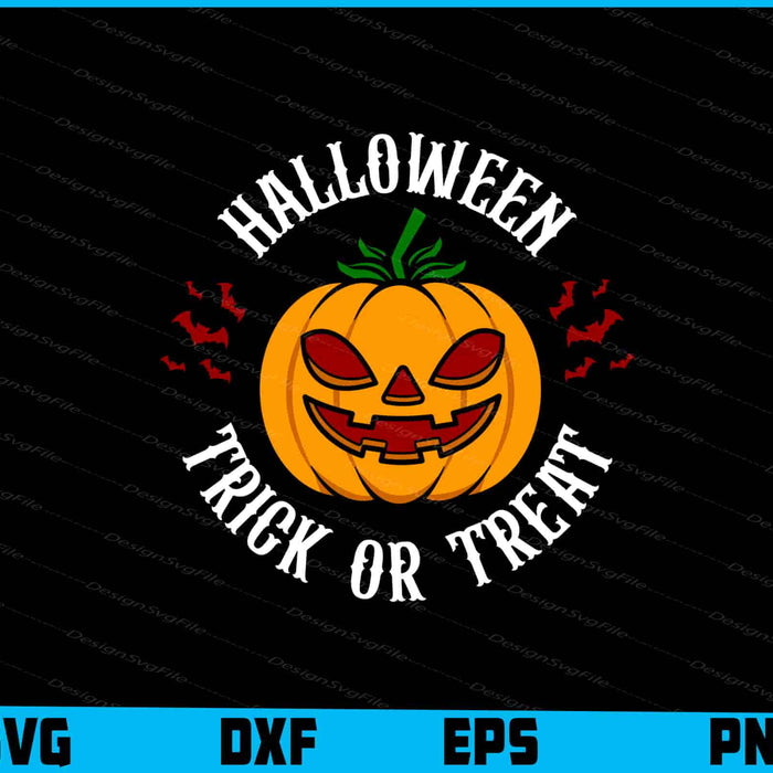 Halloween design with jack-o'-lantern and 'Trick or Treat' text on a black background.
