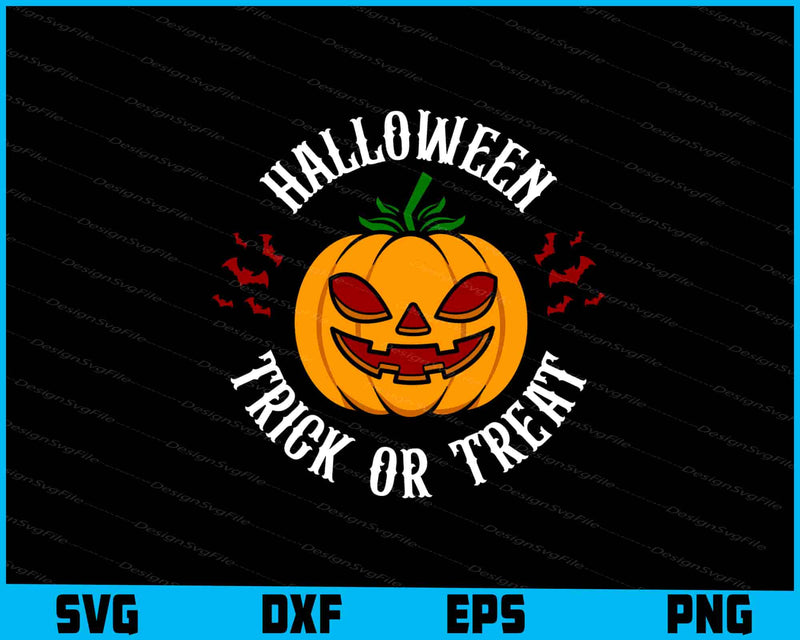 Halloween design with jack-o'-lantern and 'Trick or Treat' text on a black background.