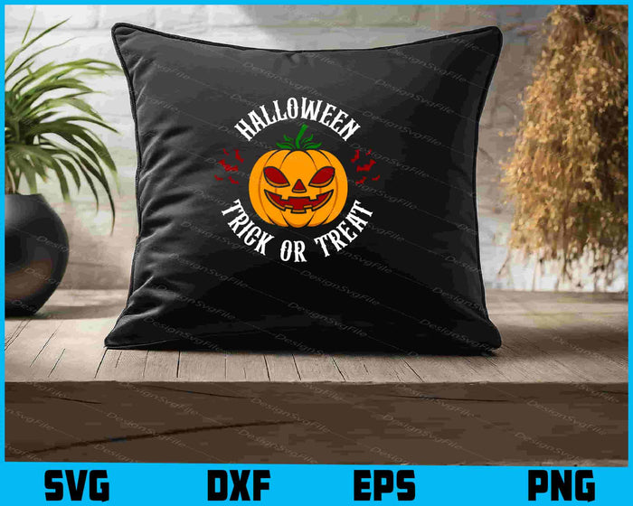 Halloween design with jack-o'-lantern and 'Trick or Treat' text on a black background.
