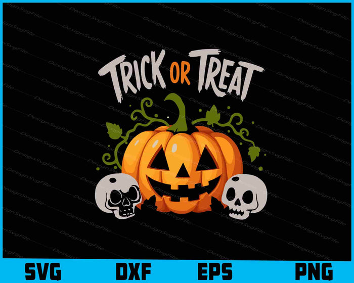 Halloween-themed design with a pumpkin, skulls, and 'Trick or Treat' text on a black background.