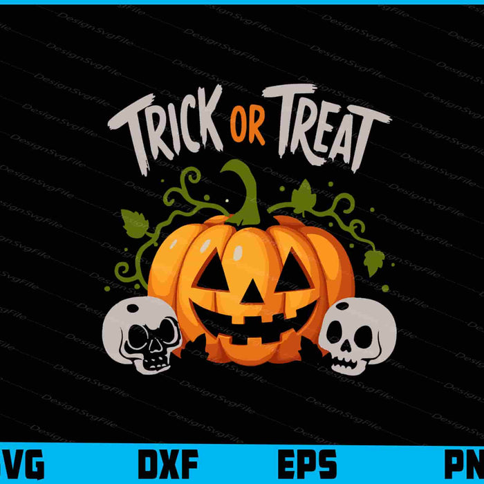 Halloween-themed design with a pumpkin, skulls, and 'Trick or Treat' text on a black background.