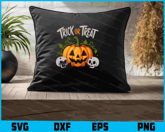 Halloween-themed design with a pumpkin, skulls, and 'Trick or Treat' text on a black background.