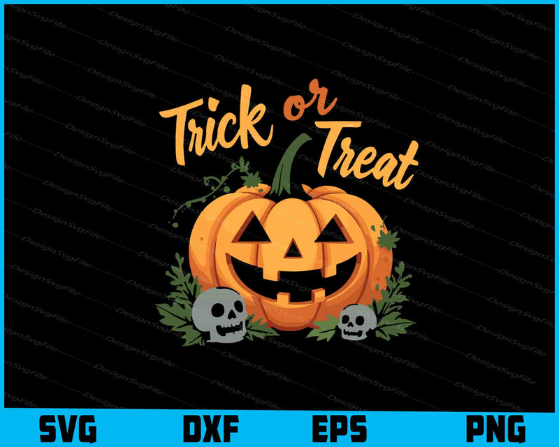 Halloween-themed design with a pumpkin, skulls, and 'Trick or Treat' text on a black background.
