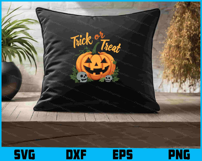 Halloween-themed design with a pumpkin, skulls, and 'Trick or Treat' text on a black background.