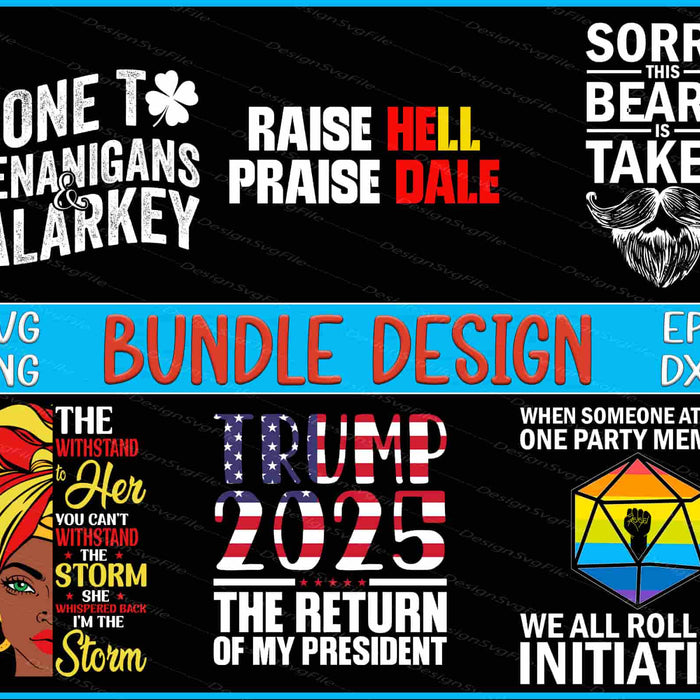 Collection of political-themed designs with text and graphics on a black background.