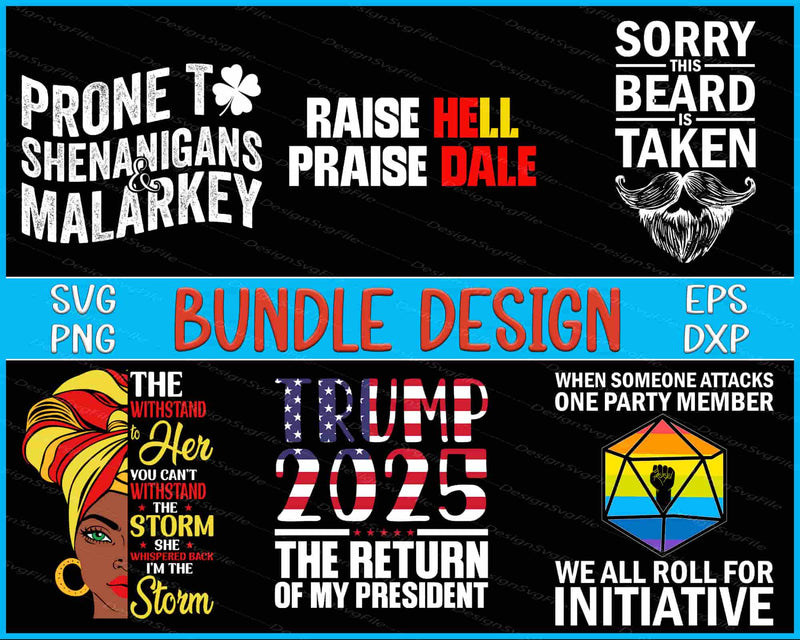 Collection of political-themed designs with text and graphics on a black background.