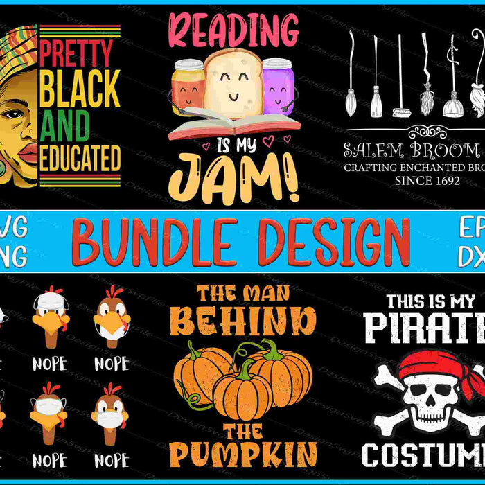 Collection of various design bundles with text and graphics on a black background.