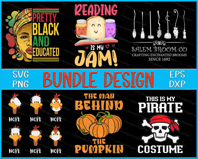 Collection of various design bundles with text and graphics on a black background.