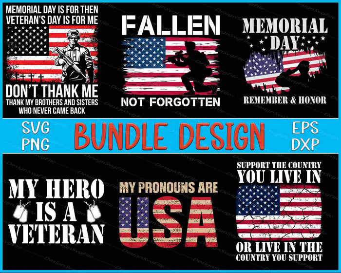 Collection of patriotic designs with text and American flags, featuring a bundle design label.