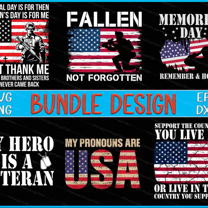 Collection of patriotic designs with text and American flags, featuring a bundle design label.