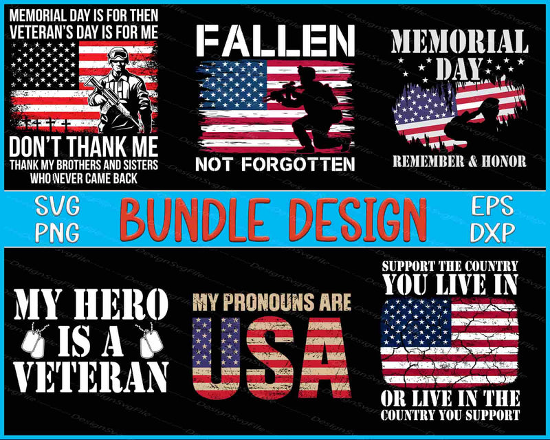 Collection of patriotic designs with text and American flags, featuring a bundle design label.