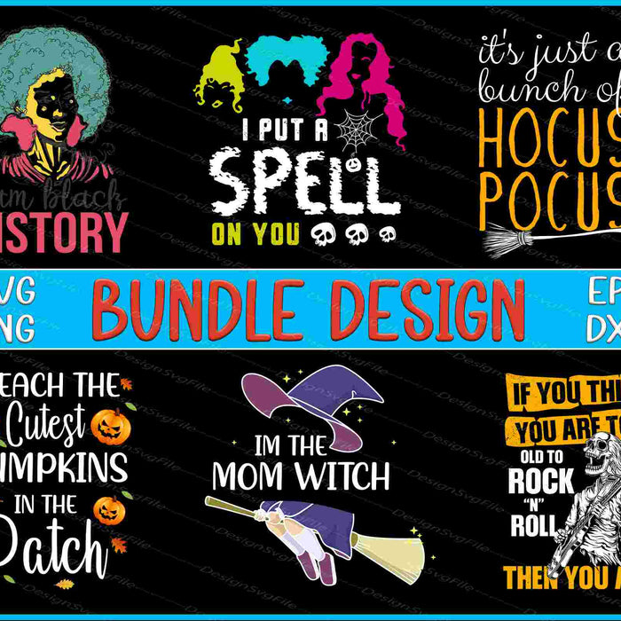 Collection of Halloween-themed graphics with text and graphics on a black background