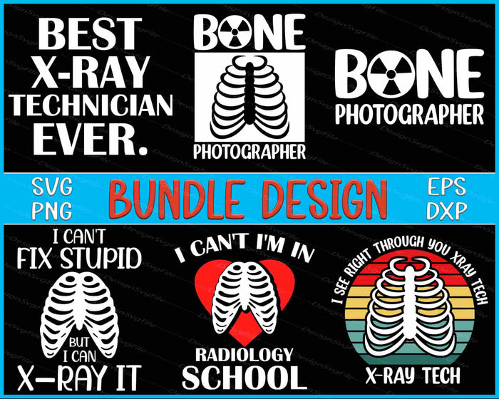 Collection of X-ray technician-themed designs with text and ribcage illustrations on a black background.