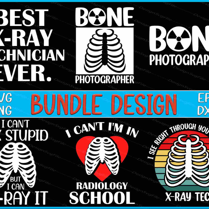 Collection of X-ray technician-themed designs with text and ribcage illustrations on a black background.