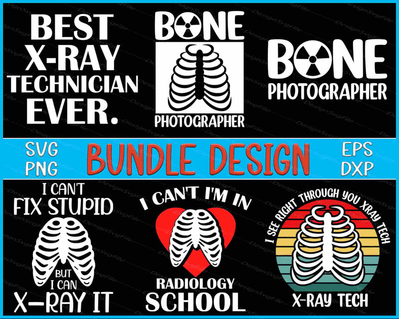 Collection of X-ray technician-themed designs with text and ribcage illustrations on a black background.
