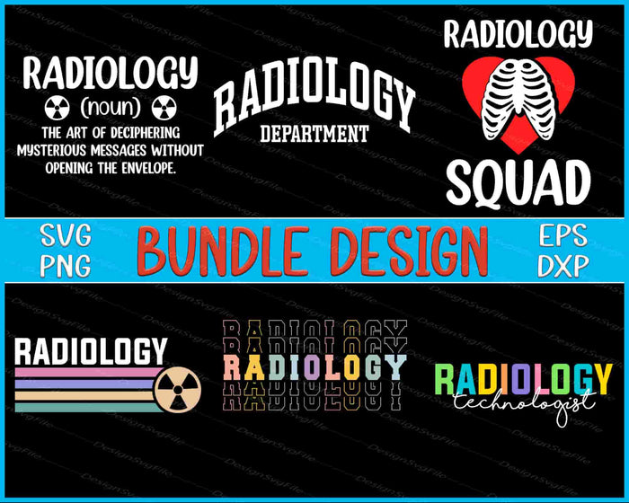 Collection of radiology-themed designs with text and graphics on a black background.