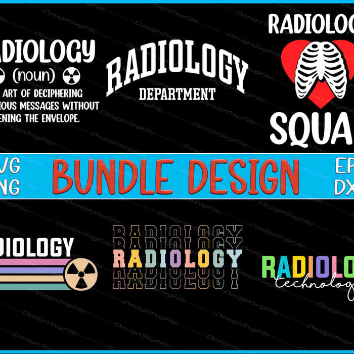 Collection of radiology-themed designs with text and graphics on a black background.