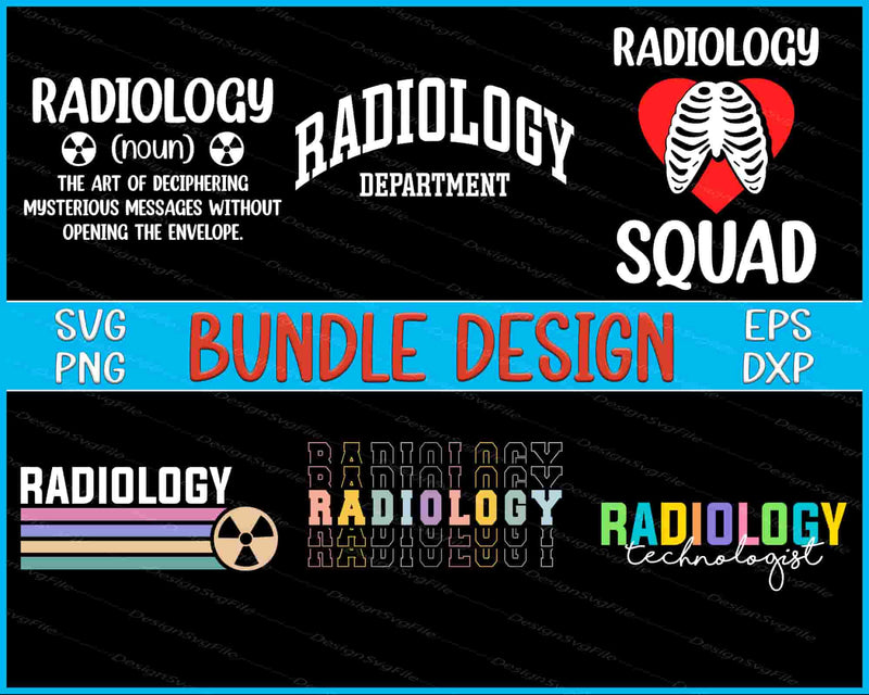 Collection of radiology-themed designs with text and graphics on a black background.