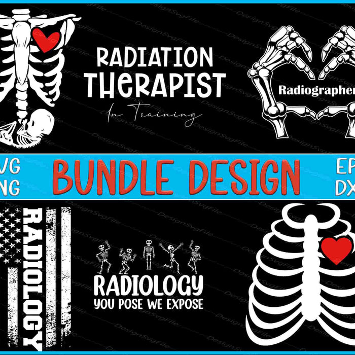 Collection of radiation therapist and radiographer themed designs with text and graphics on a black background.