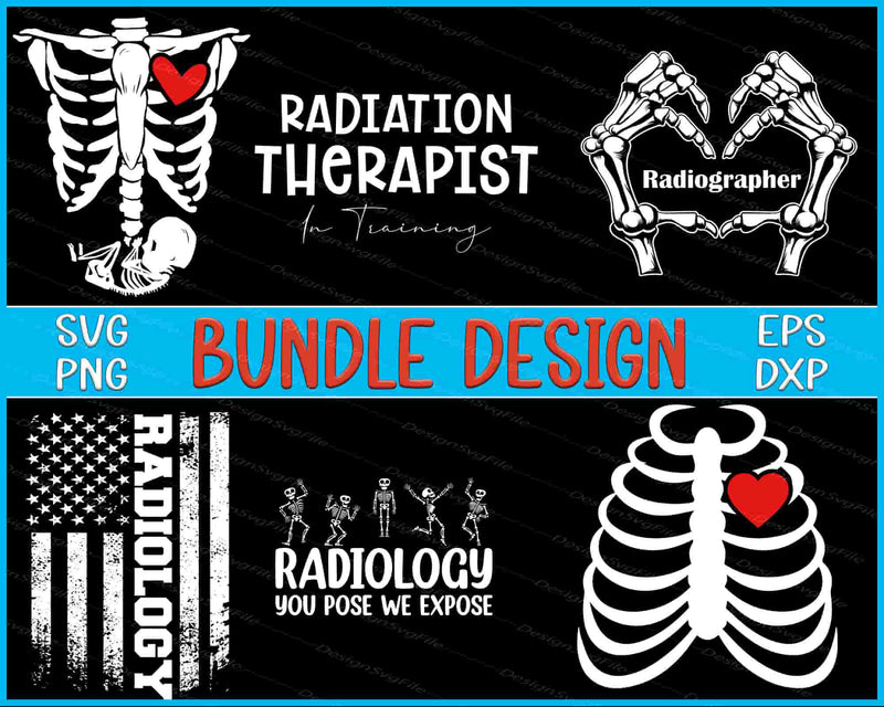 Collection of radiation therapist and radiographer themed designs with text and graphics on a black background.