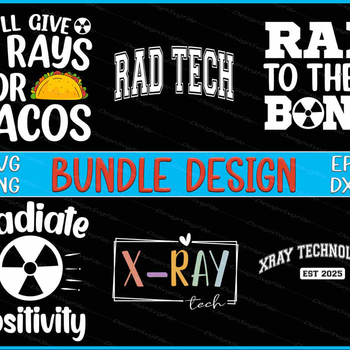 Collection of x-ray themed designs with text and graphics on a black background.