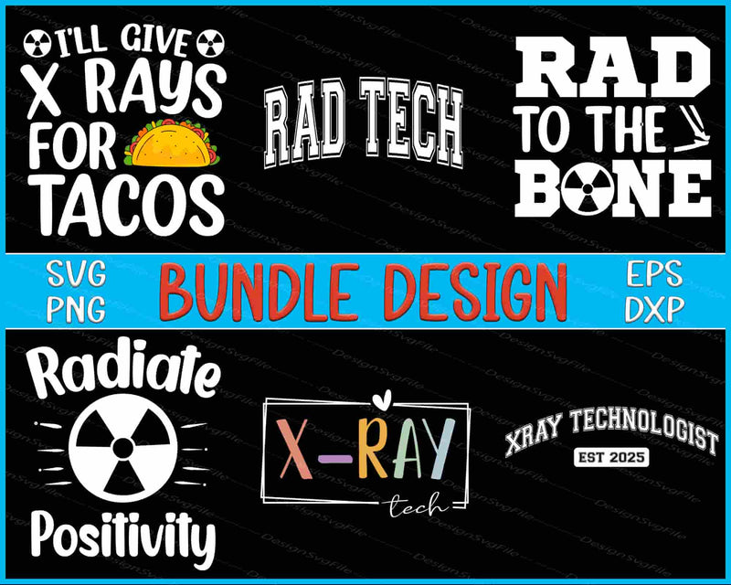 Collection of x-ray themed designs with text and graphics on a black background.