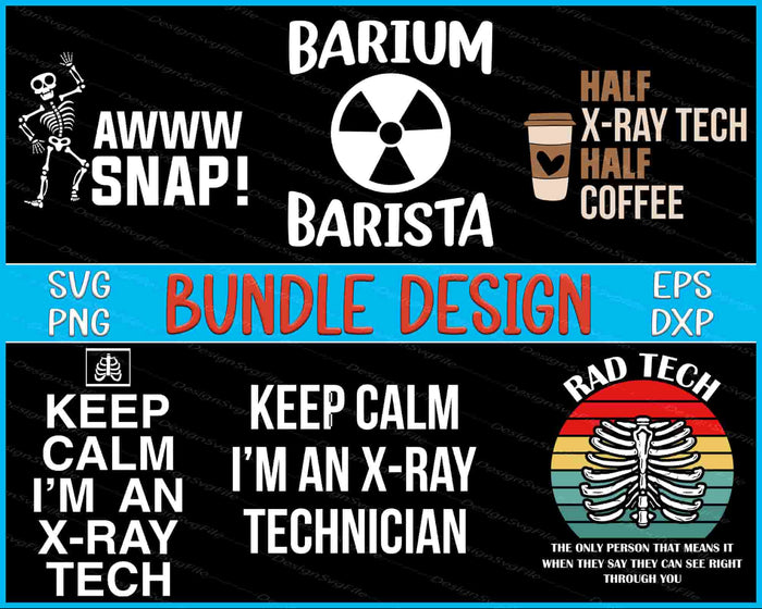 Collection of x-ray technician-themed graphics and text on a black background