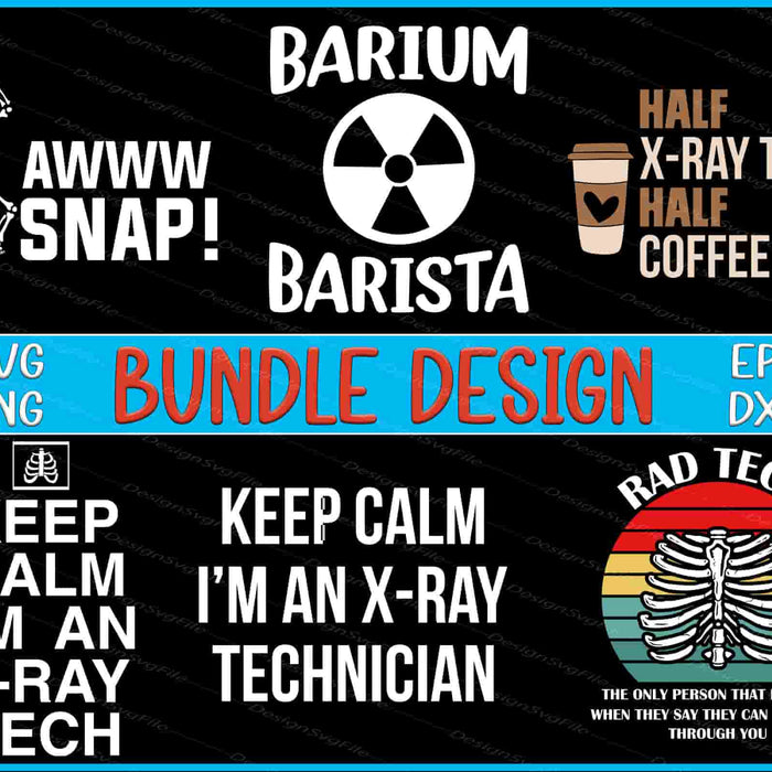 Collection of x-ray technician-themed graphics and text on a black background