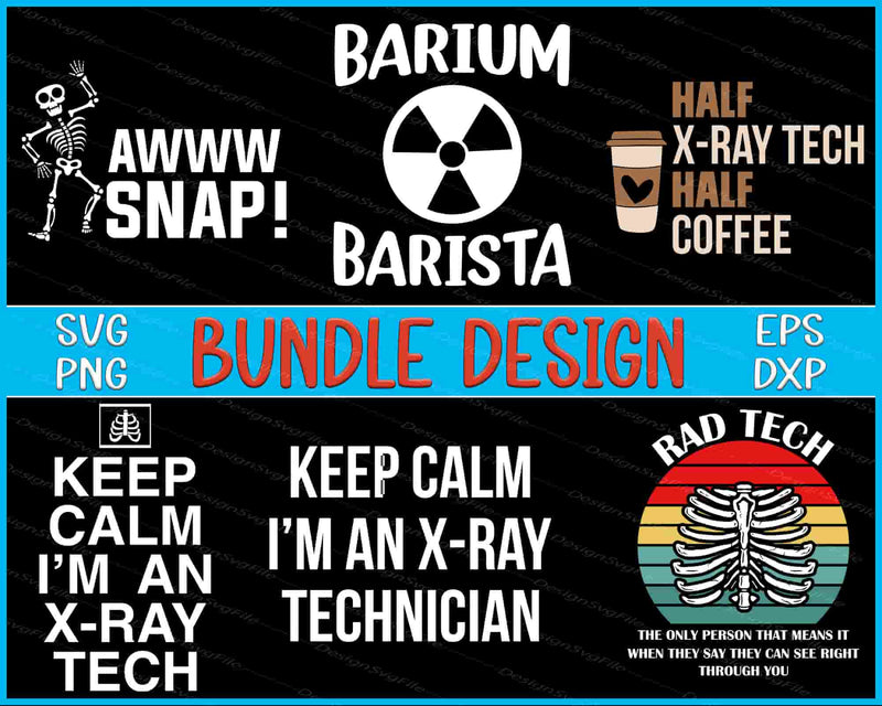 Collection of x-ray technician-themed graphics and text on a black background