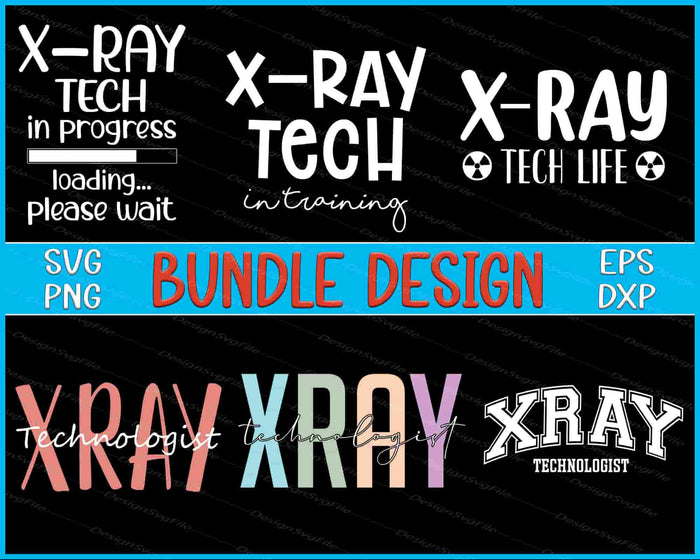 Collection of X-ray technician-themed designs with text and graphics on a black background.