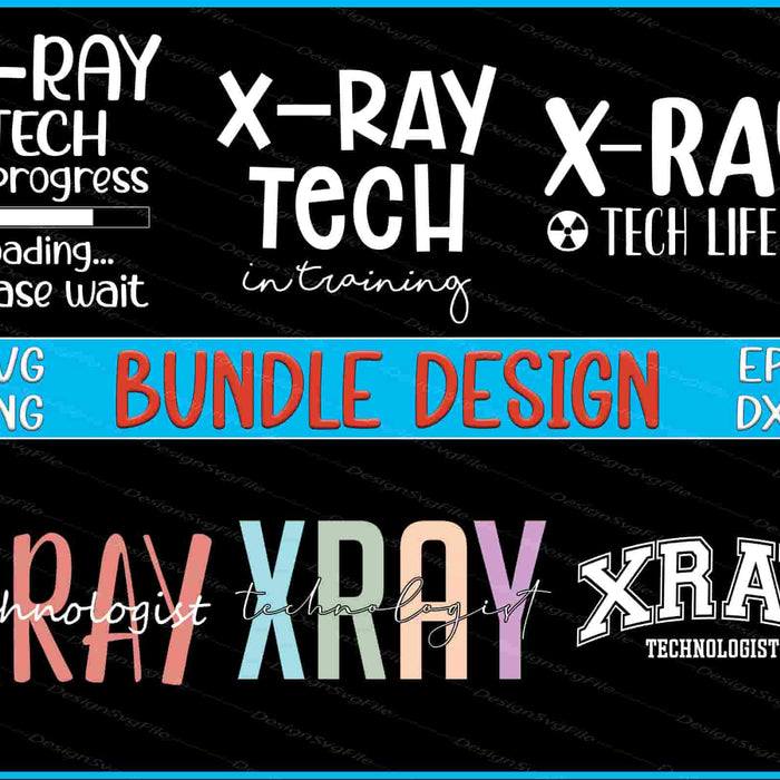 Collection of X-ray technician-themed designs with text and graphics on a black background.