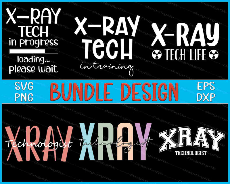 Collection of X-ray technician-themed designs with text and graphics on a black background.